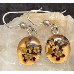 Vintage JULE TM Pressed Flower Resin Earrings 925 Sterling‎ Silver 1.25'' 3.4g